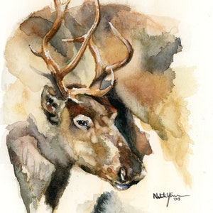 Caribou 2018 - Par Natalie Yarema Carte de voeux, impression d'art, bois, renne, créature des bois, aquarelle, peinture, animal