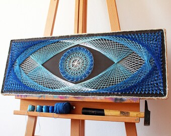string art, nail and stringart, string art mandala, Sacred Geometry for Home, Mandala Art, nails and string art, wall decor, 50 shades blue