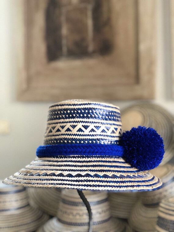 Fedora hats / Blue Sombrero Straw Summer Hat with Pompoms / | Etsy