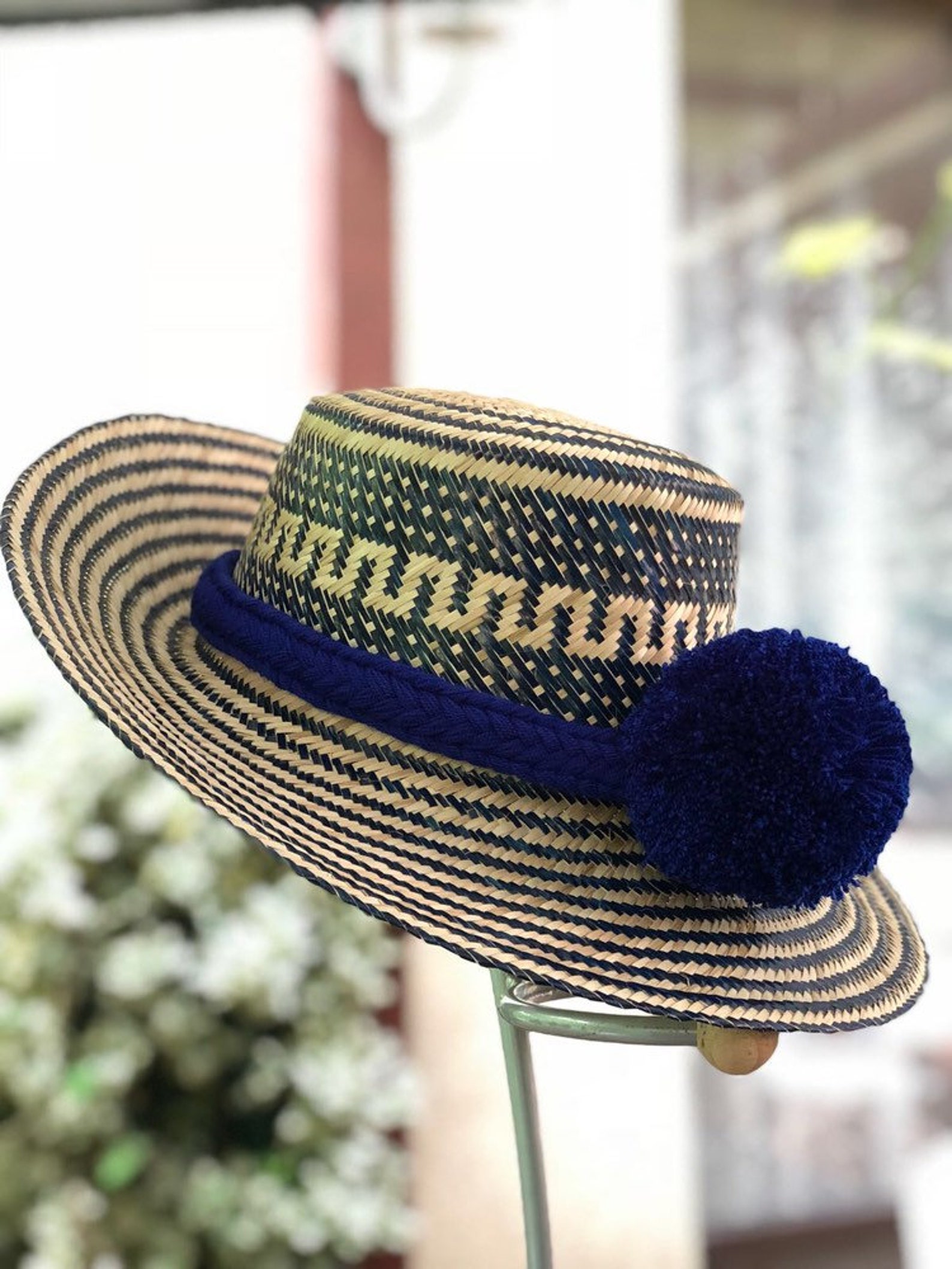 Fedora hats / Blue Sombrero Straw Summer Hat with Pompoms / Etsy