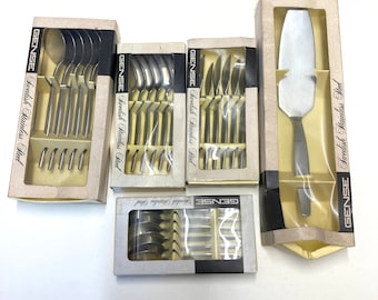 1950s Gense Sweden Focus pattern designed by Folke Arstrom cake slice, coffee spoons, knives , grapefruit and soup spoons (sold separately)