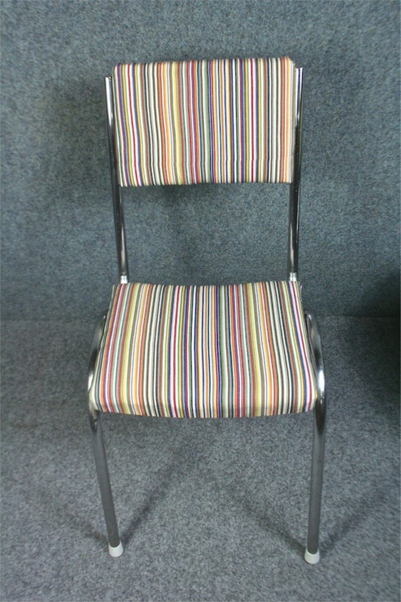 A pair of midcentury refurbished striped vintage chrome chairs