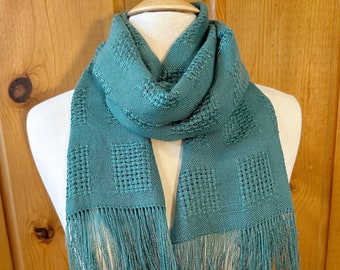 Handwoven Huck Lace Scarf, Soft Drape, Shawl, Boho Wrap, Light Weight, Turquoise Tencel, Summer to Fall Weight, Hand Woven