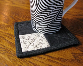 Two Quilted Coasters, Mug Rugs, Farmhouse Decor, Primitive Print, Candle Mat, Kitchen, Dining Room, Black White