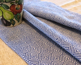 HANDWOVEN Cotton Dish Towel, Soft, Absorbant, Easy Wash and Dry,  Kitchen, Deep Royal Blue and Ivory