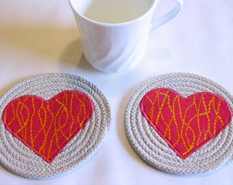 Coasters, Coiled Fabric Coasters, Mug Rugs, Trivets, Shabby Chic, Candle Mats, Wine Mat, Hearts, Hot Pink, Gold - set of 2