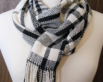 Scarf, Handwoven, Scarves, Lace Weight, Soft Drape, Shawl, Boho Wrap, Light Weight, Summer to Fall Weight, Hand Woven, Black & Ivory