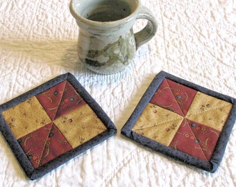 Quilted Coasters/Quilted Mug Rugs/Candle Mats/Lunch Mats/Place Mats/Placemats/Table Toppers/Floral/Gold/Burgundy/Black -- Set of 2