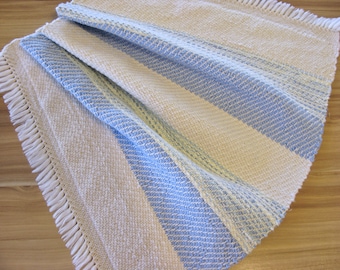 Handwoven Cotton Rag Rug, Handmade, Shades of Blue and Ivory, Soft, Absorbant, Washable, Long Wearing, Reversible