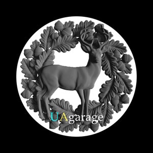 May include: A gray deer sculpture encircled by oak leaves and acorns, set against a white backdrop. The deer stands proudly within the wreath, its antlers prominent. The text "UAgarage" is visible at the bottom.