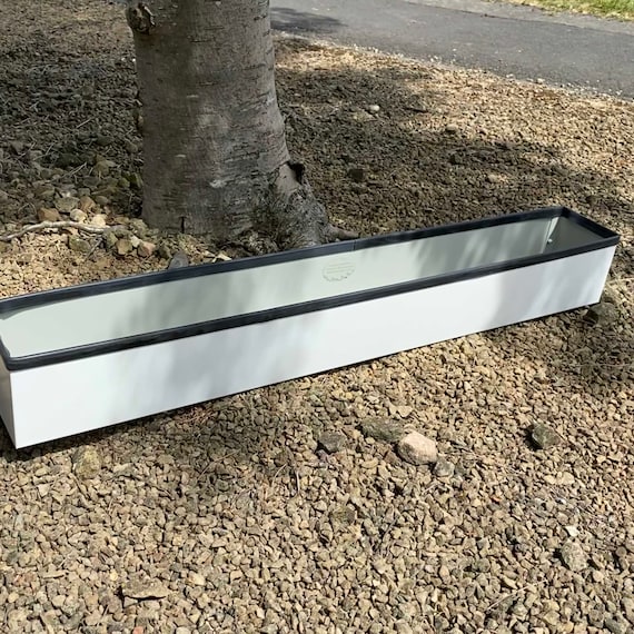 Long White Window Box Style Handmade Metal Planter, with Rubber trim on top edge