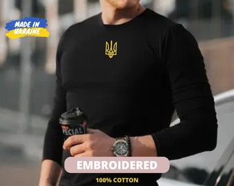 Embroidered Ukrainian Coat of Arms T-shirt, Cotton Support Ukraine Tee