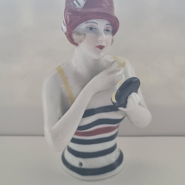 Superb  Art Deco Style "Flapper Lady With Compact "Half  Pin Cushion Doll