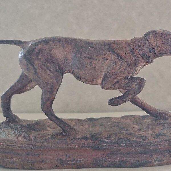 Superb French Solid Bronze Sculpture Of A Pointer Hunting Dog  (Great Patina)