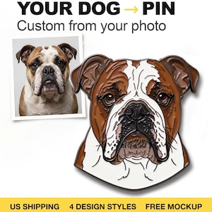 May include: A custom enamel pin shaped like a bulldog head with brown and white fur, displayed next to a square photograph of the same dog. The text reads: YOUR DOG PIN Custom from your photo. The bottom banner includes the text: US SHIPPING 4 DESIGN STYLES FREE MOCKUP.
