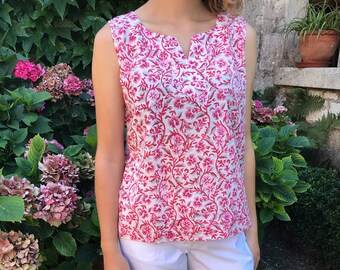 Cotton top Lightweight women's top Pink and gray Floral pattern Sleeveless Summer tunic Small top Boho blouse Indigotines printed tops
