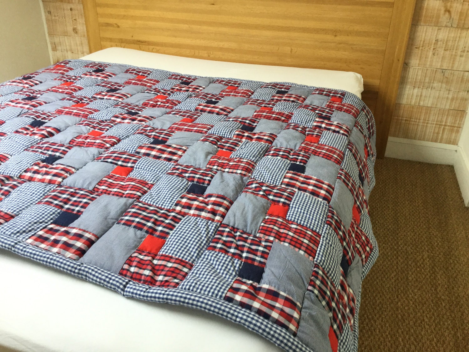 Plaid Dessus de Lit Couverture en Coton Jeté Réversible Patchwork Quilt Dominante Bleu Rouge L'améri