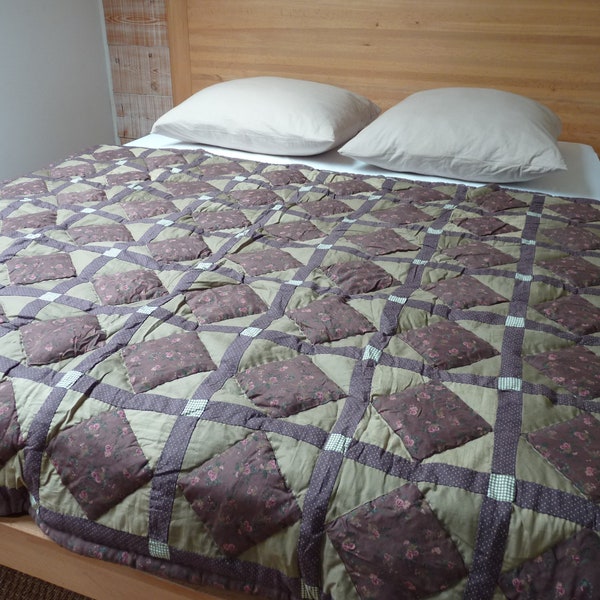 Plaid Bedspread Cotton Blanket Reversible Bed Throw Patchwork Quilt Dominant Brown Beige CARAMEL