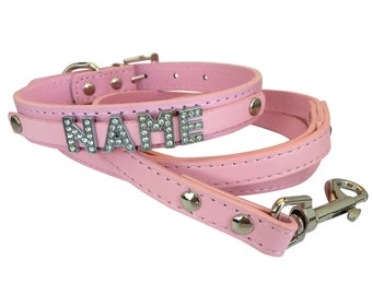 SET: Leine & Halsband mit Namen, rosa, Glitzer