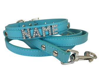 SET: Leine & Halsband mit Namen, blau, Glitzer