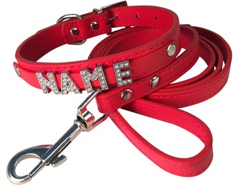 Leine Hundehalsband mit Namen und, rot, Glitzer
