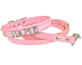 SET: Leine & Hundehalsband mit Namen, rosa, glatt
