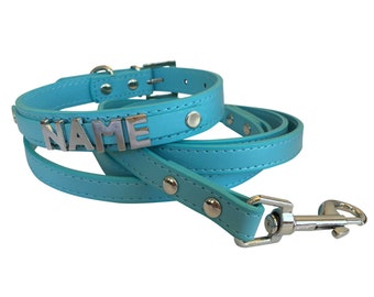 SET: Leine & Hundehalsband mit Namen, blau, glatt