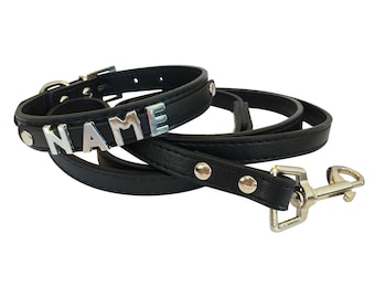 Leine und Hundehalsband mit Namen , schwarz, glatt