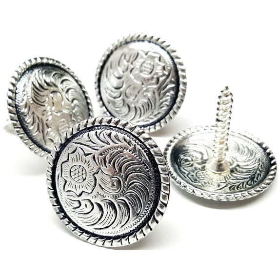 Set of 6 WESTERN HORSE SADDLE TACK BRIGHT SILVER ENGRAVED ROPE EDGE CONCHOS 1/"