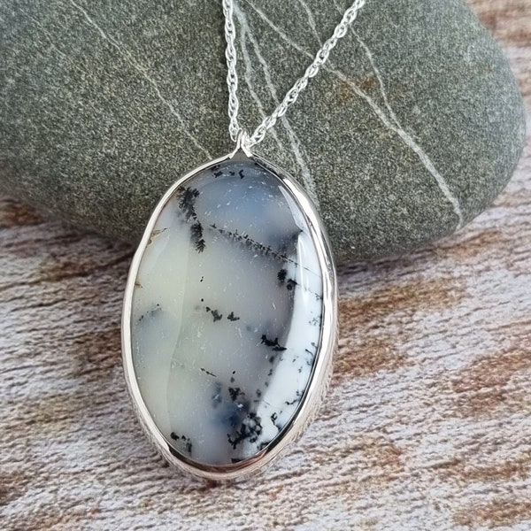 Dendric Agate Pendant, Agate Necklace, Monochrome Jewellery, Black and White Necklace, Sterling Silver Gemstone Necklace.