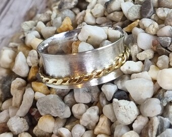 Spinner Ring, Silver Ring, Fidget Ring, Unisex Jewellery, Textured Ring, Brass and Silver Ring, UK size W