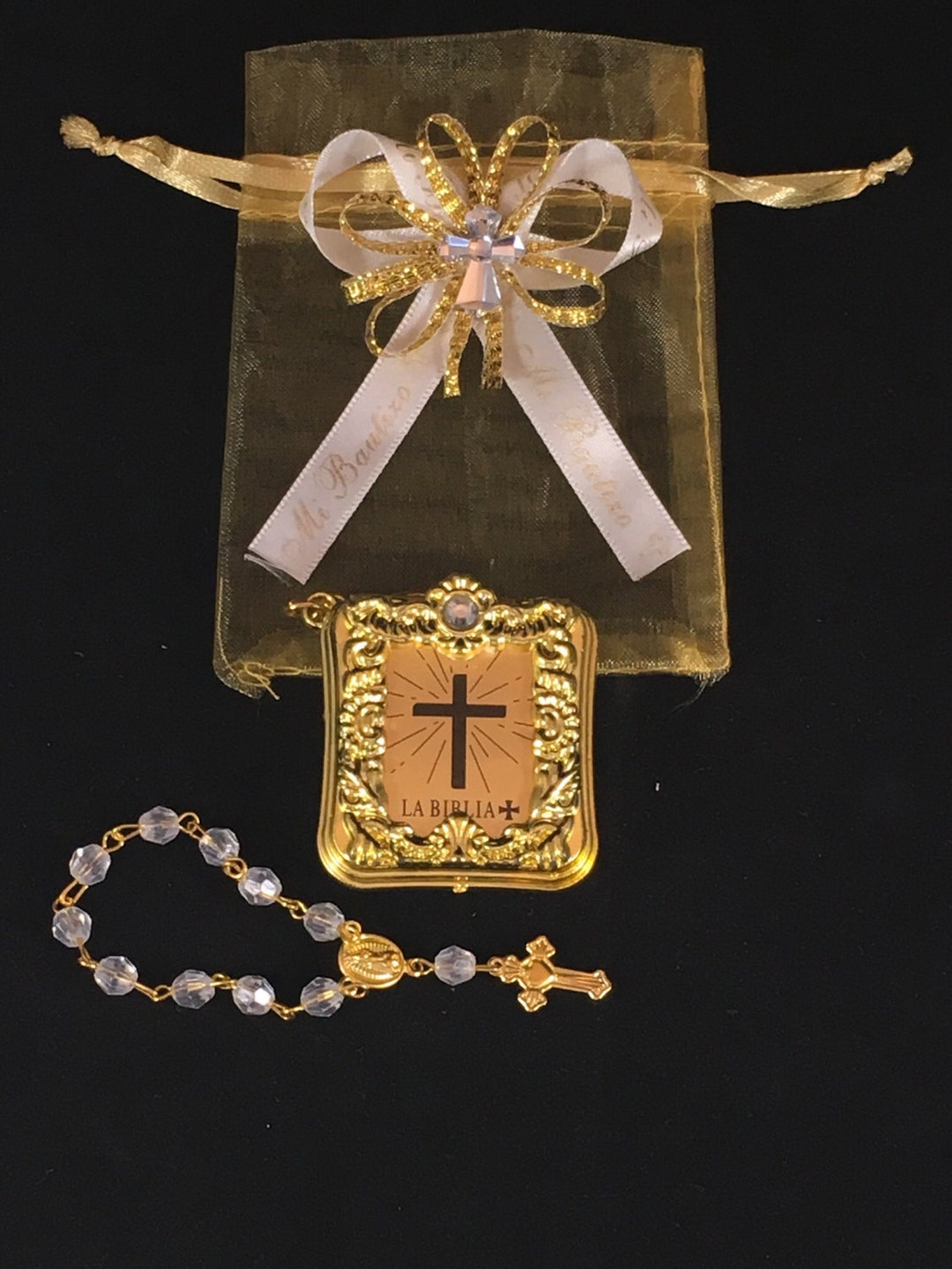 12 Baptism Favors Mini Bibles and Rosary Gold Favorpersonalized