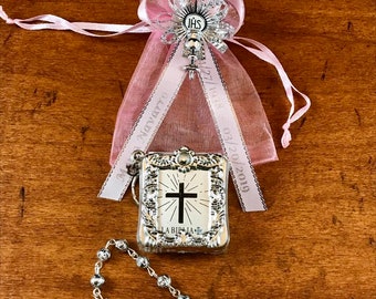 12 Silber Mini Bibeln und Rosenkranz Personalisierte Rosa Erste Kommunion Bevorzugung Primera Comunion Recuerdo Con Rosario Personalizado Rosa