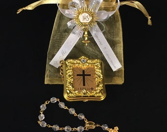 12 Mini Bibeln Heiliges Abendmahl Erstkommunion Favorisiert Personalisiert Recuerdo de Primera Comunion Recuerdo Gold Organza Personalizado