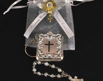 12 Silver Mini Bibles And Rosary Personalized First Communion Favor  Primera Comunion Recuerdo Con Rosario Personalizado