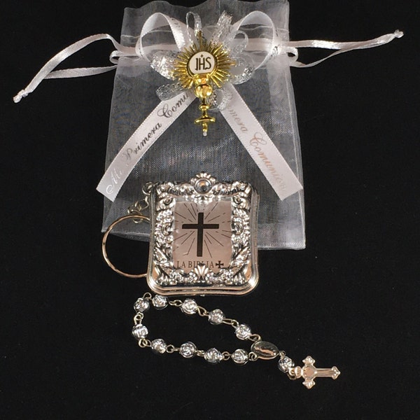 12 Silver Mini Bibles And Rosary Personalized First Communion Favor  Primera Comunion Recuerdo Con Rosario Personalizado