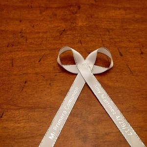 First Communion Baptism Personalize Ribbon White, Ivory, Blue or Pink with Silver or Gold Writing