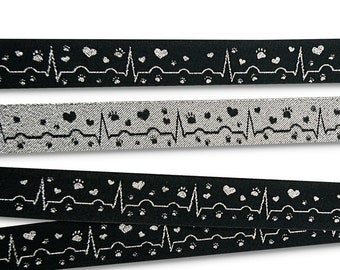 Heartline paws ribbon, black-silver glitter, 16mm wide, woven jacquard ribbon, dogs, 1 metre