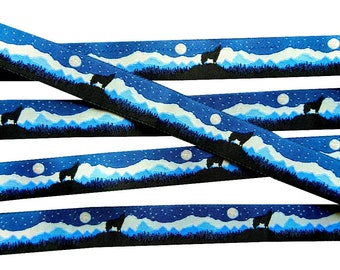 1m MOUNTAIN WOLF dog woven ribbon, blue, jacquard ribbon, 20mm wide