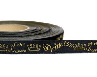 1m *Princess of the dogpark* woven ribbon, 16mm wide, black-golden, dog jacquard ribbon, dogs, crown