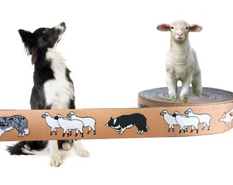 1m Border Collie herding sheep, woven dog ribbon, 25mm wide, beige