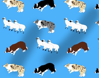 Border Collie sheep fabric, dog fabric, 100% cotton, dogs, washable, light-blue, herding dog, 100cm wide