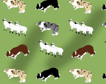 Border Collie mit Schafen Stoff, Hund, 100% Baumwolle, Hundestoff, waschbar, Baumwoll-Jersey, grün, Australian Shepherd, Hütehund, 100cm