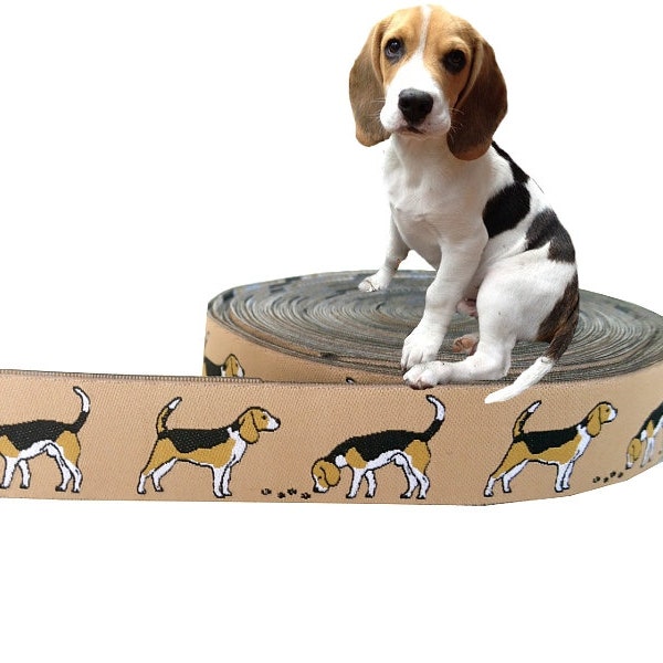 Ruban tissé chien "Beagle" bordure chiens beige, 20 mm, 1 mètre