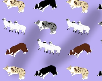 Border Collie sheep fabric, dog fabric, 100% cotton, dogs, washable, lilac, herding dog