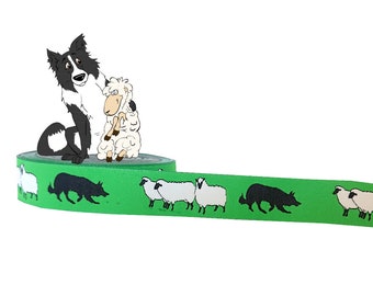 1m herding dog border collie, woven dog ribbon, 20mm wide, green, aussie, australian shepherd, sheep