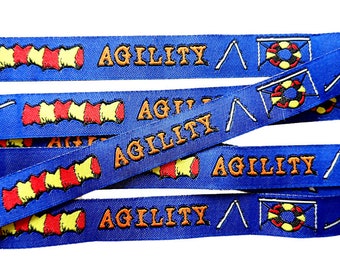 Agility dog ribbon, blue, 16mm wide, woven jacquard ribbon, dogs, 1 metre