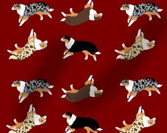 Australian Shepherd fabric, dog fabric, 100% cotton, dogs, washable, red, Aussie, 100cm wide