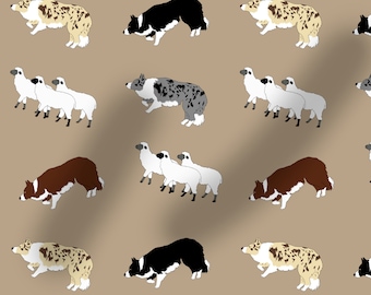 Border Collie sheep fabric, dog fabric, 100% cotton, dogs, washable, tan, herding dog, 100cm wide