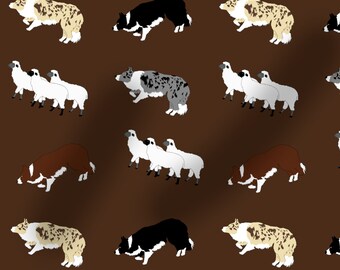 Border Collie sheep fabric, dog fabric, 100% cotton, dogs, washable, brown, herding dog, 100cm wide